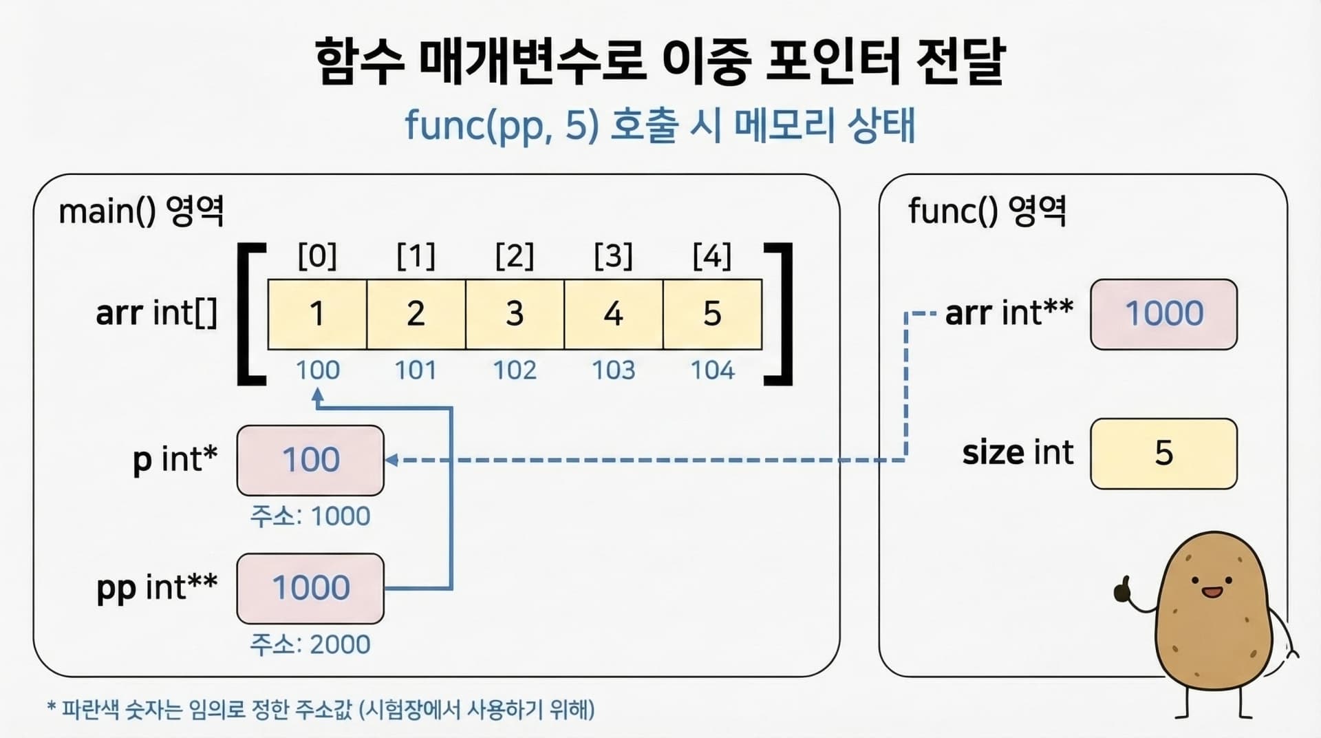 함수 매개변수로 이중 포인터 전달 - 임의 주소