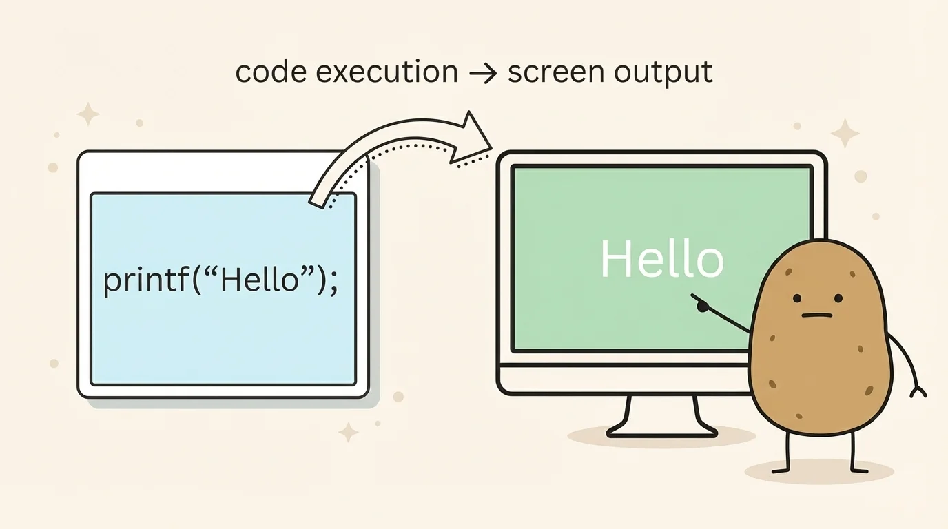 C언어 출력 예시 - 코드를 실행하면 화면에 결과가 나타남