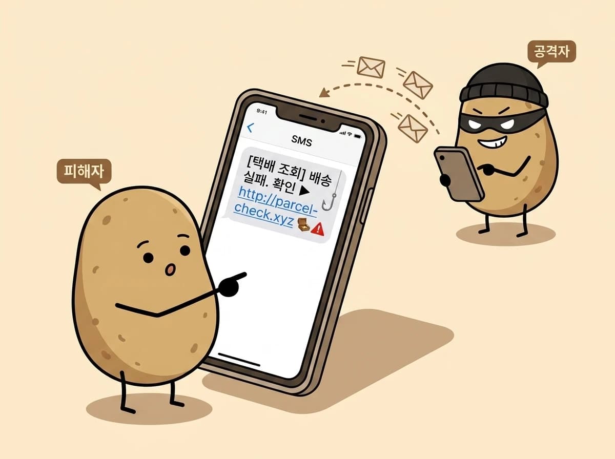 공격자 감자가 보낸 '[택배 조회] 배송 실패' SMS 메시지 속 악성 링크를 피해자 감자가 스마트폰으로 누르려는 장면