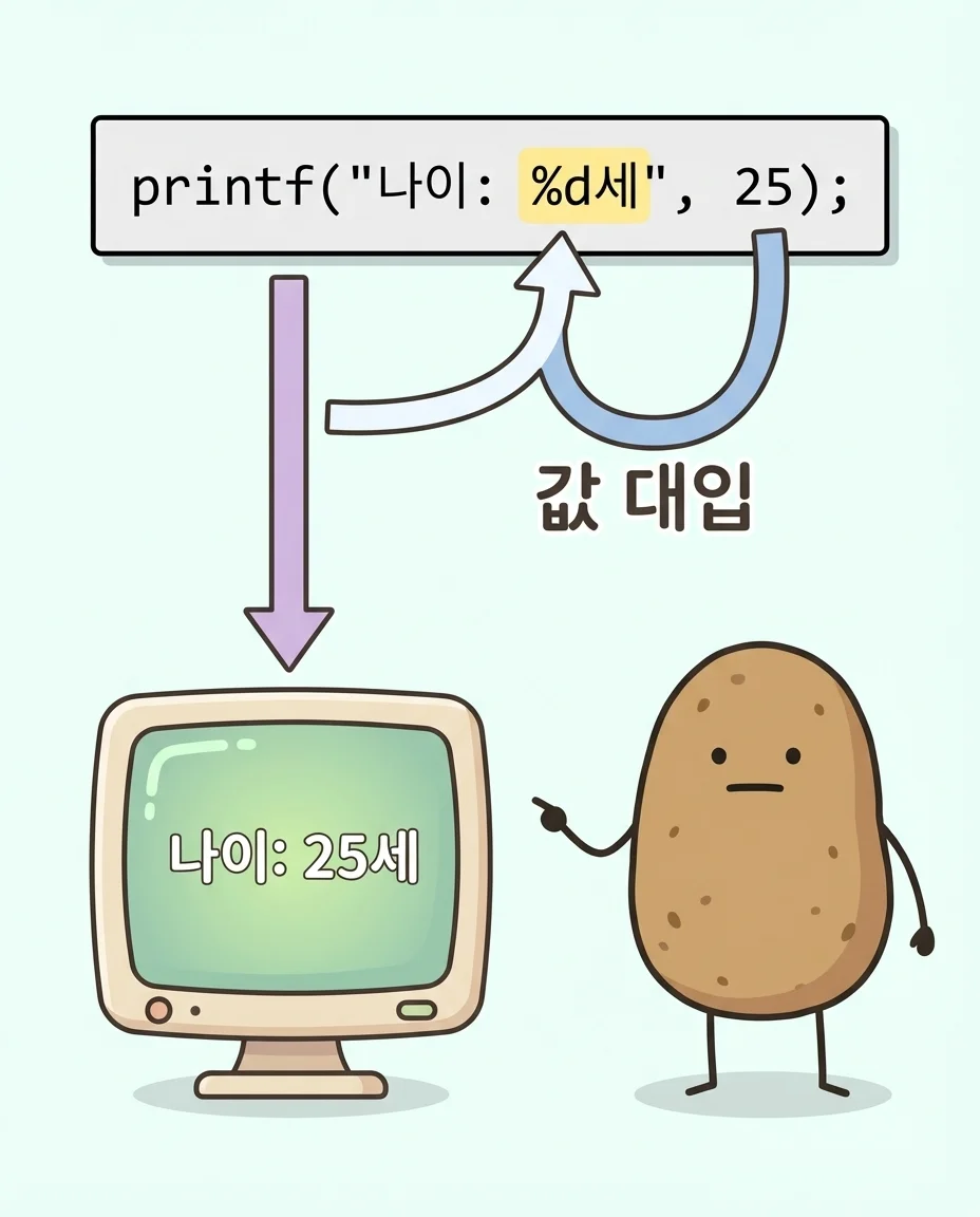 printf 서식 지정자 - %d 자리에 25가 들어가서 나이: 25세가 출력됨