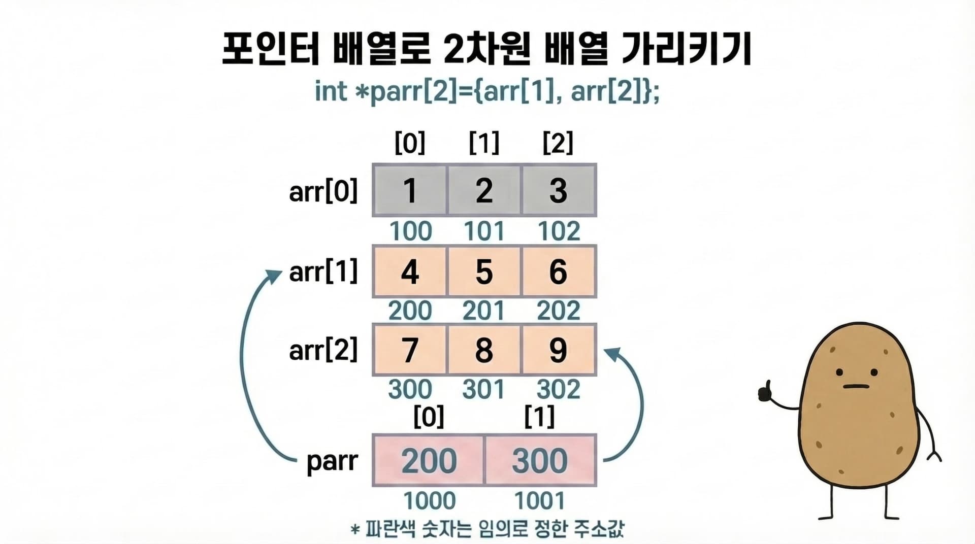 포인터 배열과 2차원 배열 - 임의 주소
