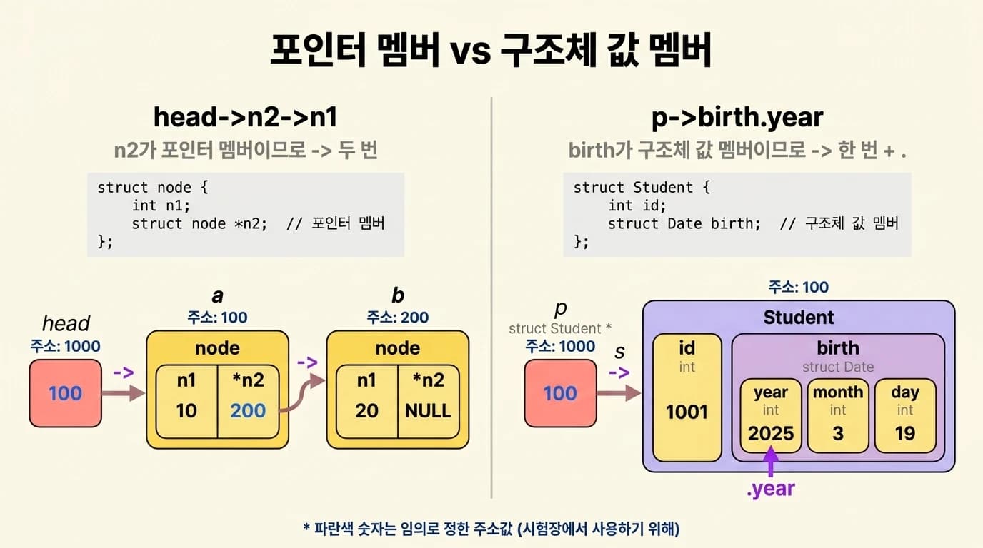 포인터 멤버 vs 구조체 값 멤버 비교 다이어그램