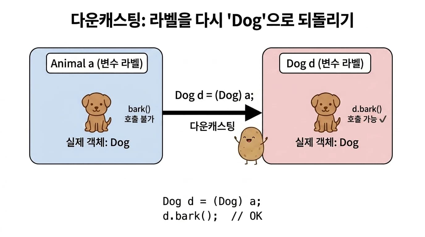 다운캐스팅으로 Animal a 라벨에서 Dog d 라벨로 같은 객체를 옮긴 그림