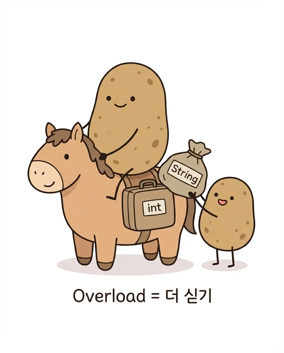 오버로딩 어원: 아버지 감자가 탄 말에 아들 감자가 다른 가방을 추가로 싣고 있다
