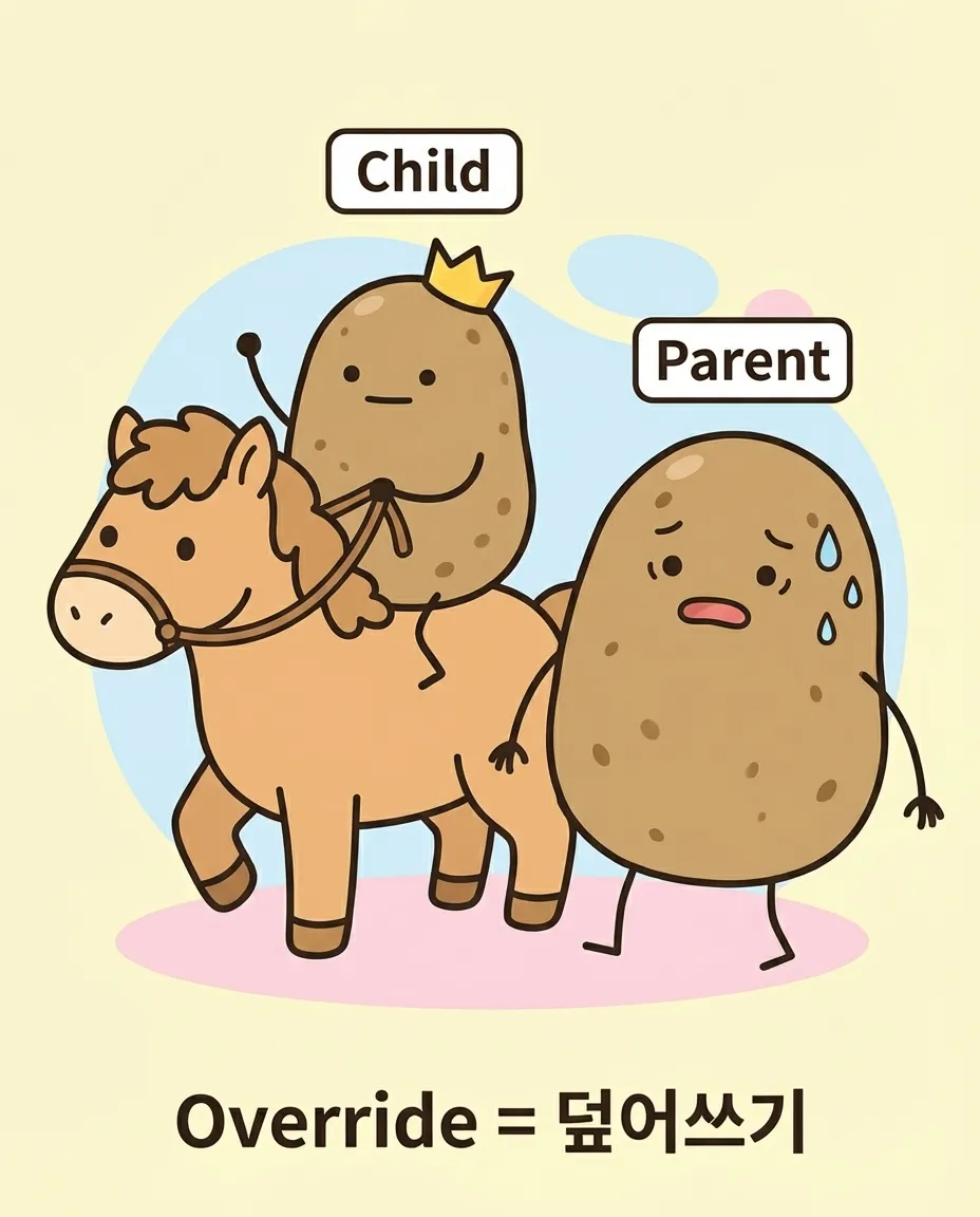 오버라이딩 어원: Child 감자가 Parent 감자의 말을 빼앗아 타고 있다