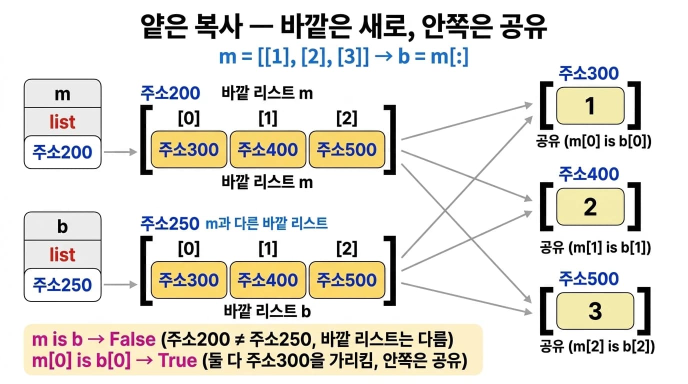 m과 b의 바깥 리스트는 서로 다른 주소(200, 250)이지만 안쪽 리스트(300, 400, 500)는 공유되는 모습