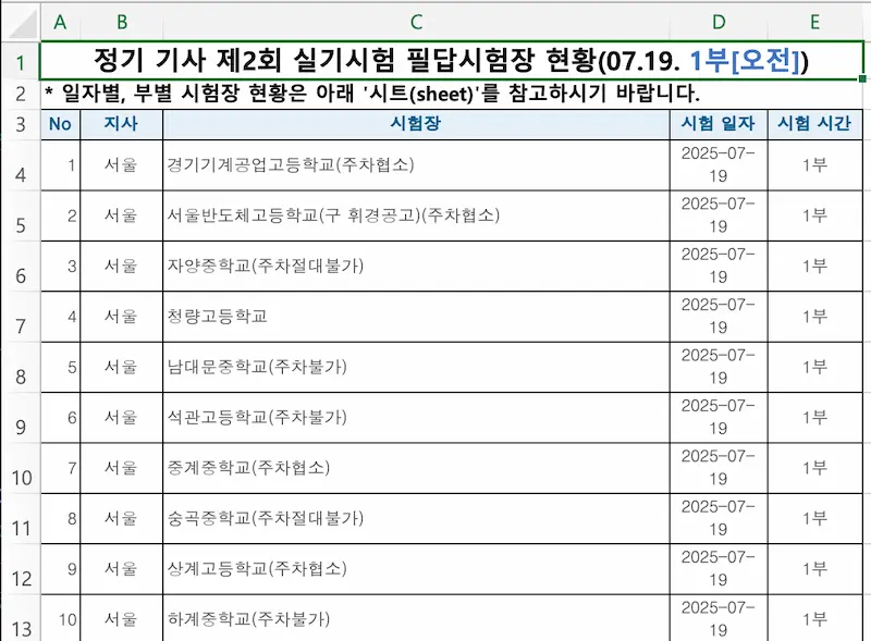 정보처리기사 필기 시험장 목록