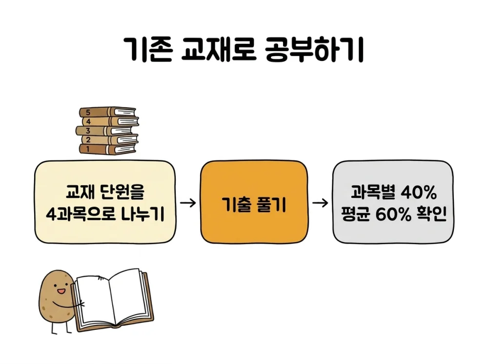 기존 5과목 교재 단원을 4과목으로 나누고 기출을 풀어 과목별 40%·평균 60% 정답률을 확인하는 흐름