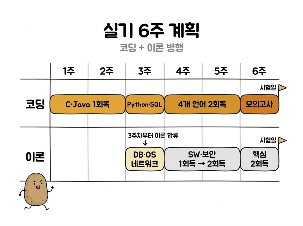 정처기 감자 실기 6주 계획에서 코딩과 이론을 주차별로 병행하는 흐름