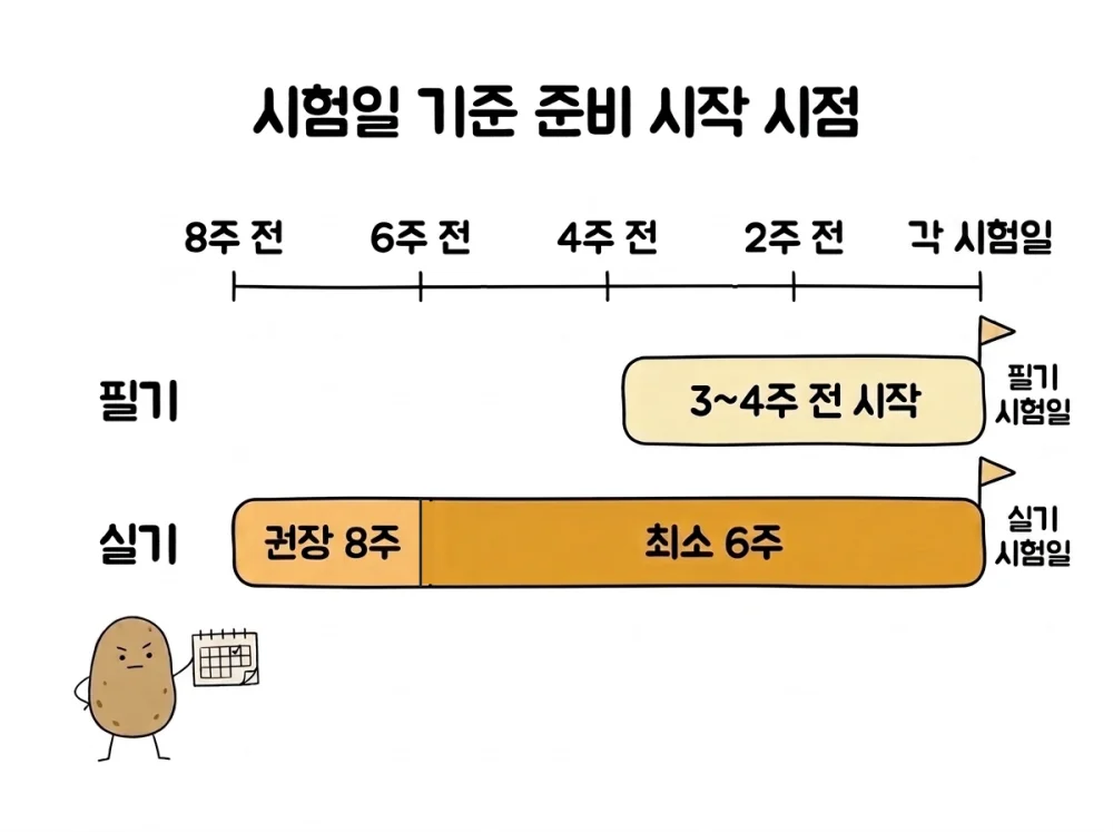 정보처리기사 필기는 시험일 3 ~ 4주 전, 실기는 6 ~ 8주 전부터 준비하는 타임라인