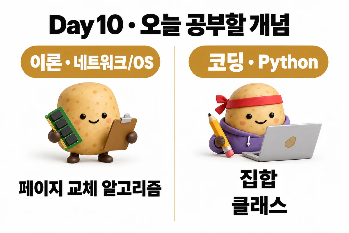 Day 10 학습 요약: 이론 · 네트워크/OS — 페이지 교체 알고리즘 / 코딩 · Python — 집합 · 클래스