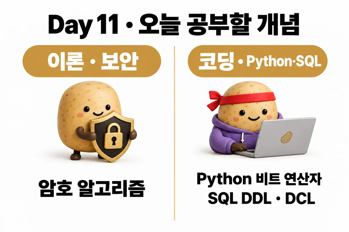 Day 11 학습 요약: 이론 · 보안 — 암호 알고리즘 / 코딩 · Python·SQL — Python 비트 연산자 · SQL DDL · DCL