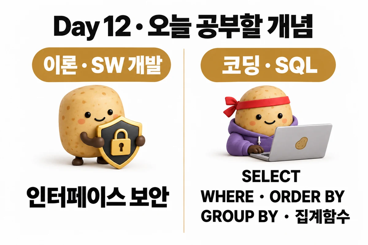 Day 12 학습 요약: 이론 · SW 개발 — 인터페이스 보안 / 코딩 · SQL — SELECT · WHERE · ORDER BY · GROUP BY · 집계함수