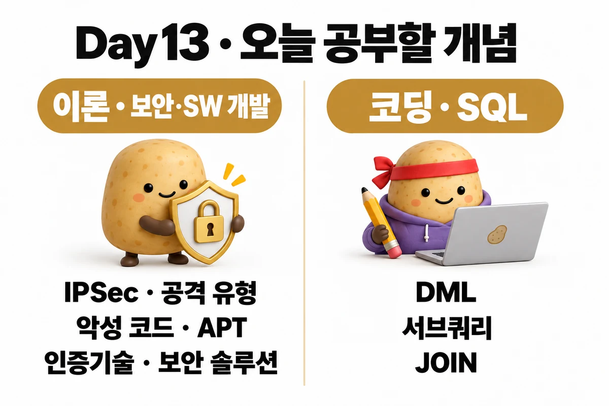 Day 13 학습 요약: 이론 · 보안·SW 개발 — IPSec · 공격 유형 · 악성 코드 · APT · 인증기술 · 보안 솔루션 / 코딩 · SQL — DML · 서브쿼리 · JOIN