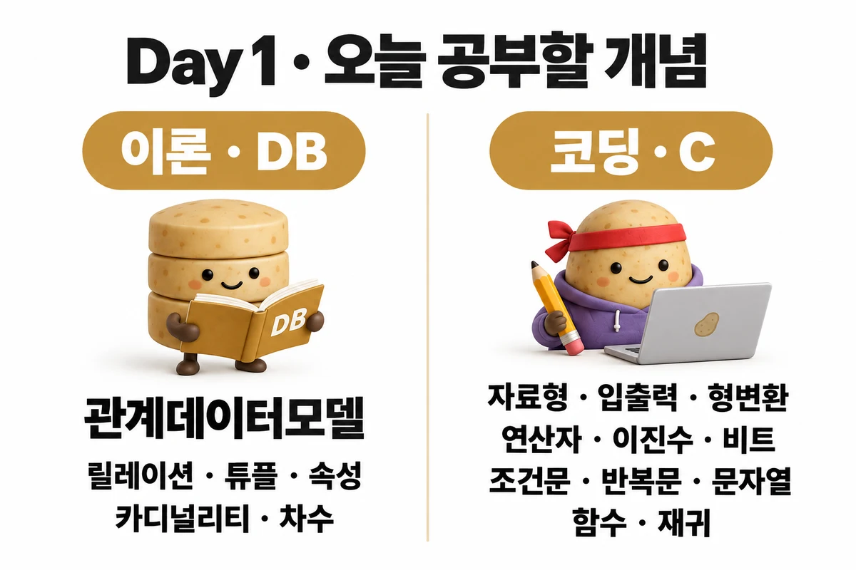 Day 1 학습 요약: 이론 · DB — 관계데이터모델 · 릴레이션 · 튜플 · 속성 · 카디널리티 · 차수 / 코딩 · C — 자료형 · 입출력 · 형변환 · 연산자 · 이진수 · 비트 · 조건문 · 반복문 · 문자열 · 함수 · 재귀
