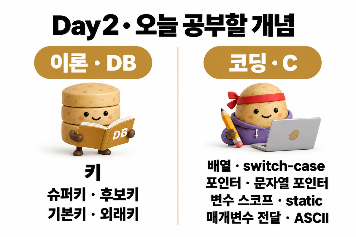 Day 2 학습 요약: 이론 · DB — 키 · 슈퍼키 · 후보키 · 기본키 · 외래키 / 코딩 · C — 배열 · switch-case · 포인터 · 문자열 포인터 · 변수 스코프 · static · 매개변수 전달 · ASCII