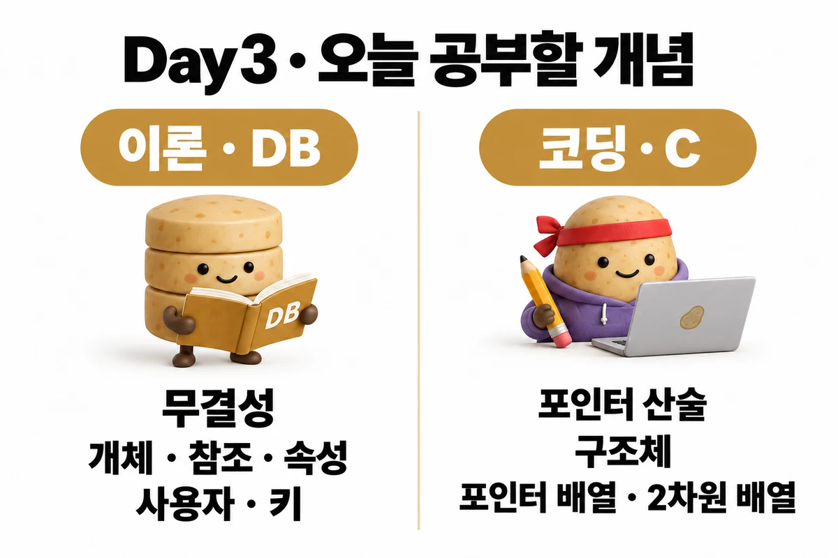 Day 3 학습 요약: 이론 · DB — 무결성 · 개체 · 참조 · 속성 · 사용자 · 키 / 코딩 · C — 포인터 산술 · 구조체 · 포인터 배열 · 2차원 배열