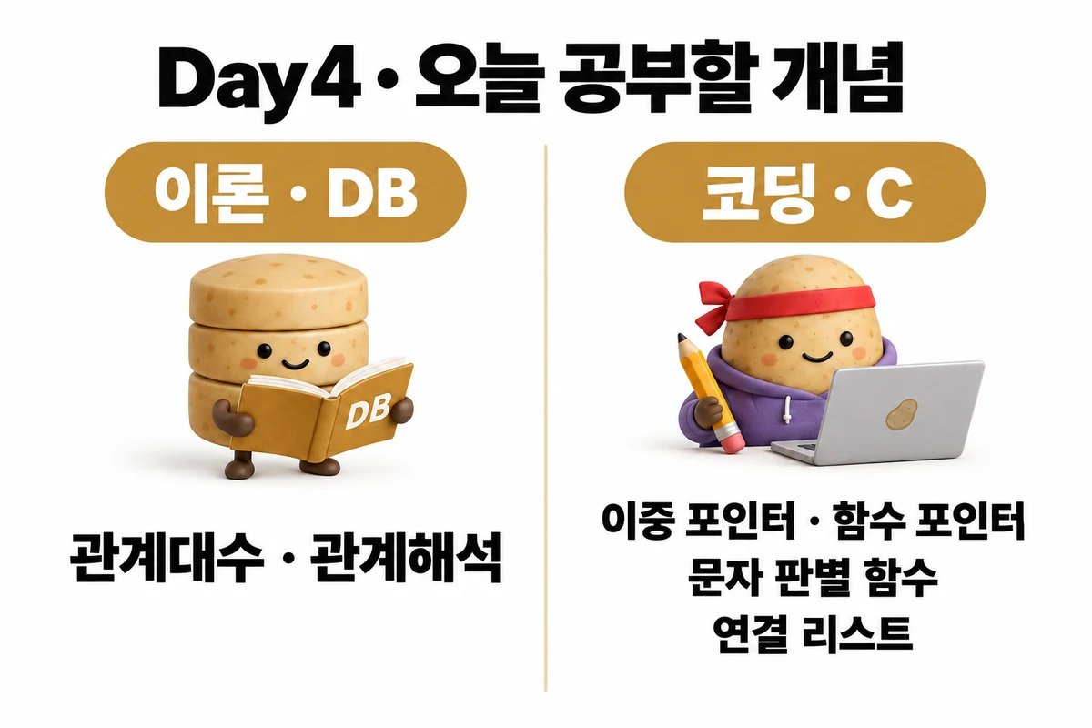 Day 4 학습 요약: 이론 · DB — 관계대수 · 관계해석 / 코딩 · C — 이중 포인터 · 함수 포인터 · 문자 판별 함수 · 연결 리스트