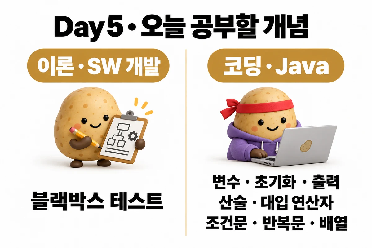 Day 5 학습 요약: 이론 · SW 개발 — 블랙박스 테스트 / 코딩 · Java — 변수 · 초기화 · 출력 · 산술 · 대입 연산자 · 조건문 · 반복문 · 배열