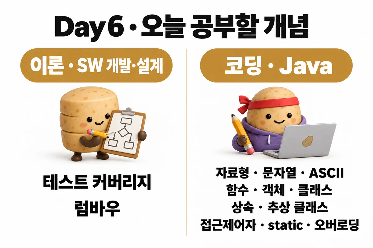 Day 6 학습 요약: 이론 · SW 개발·설계 — 테스트 커버리지 · 럼바우 / 코딩 · Java — 자료형 · 문자열 · ASCII · 함수 · 객체 · 클래스 · 상속 · 추상 클래스 · 접근제어자 · static · 오버로딩