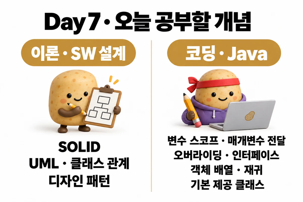 Day 7 학습 요약: 이론 · SW 설계 — SOLID · UML · 클래스 관계 · 디자인 패턴 / 코딩 · Java — 변수 스코프 · 매개변수 전달 · 오버라이딩 · 인터페이스 · 객체 배열 · 재귀 · 기본 제공 클래스