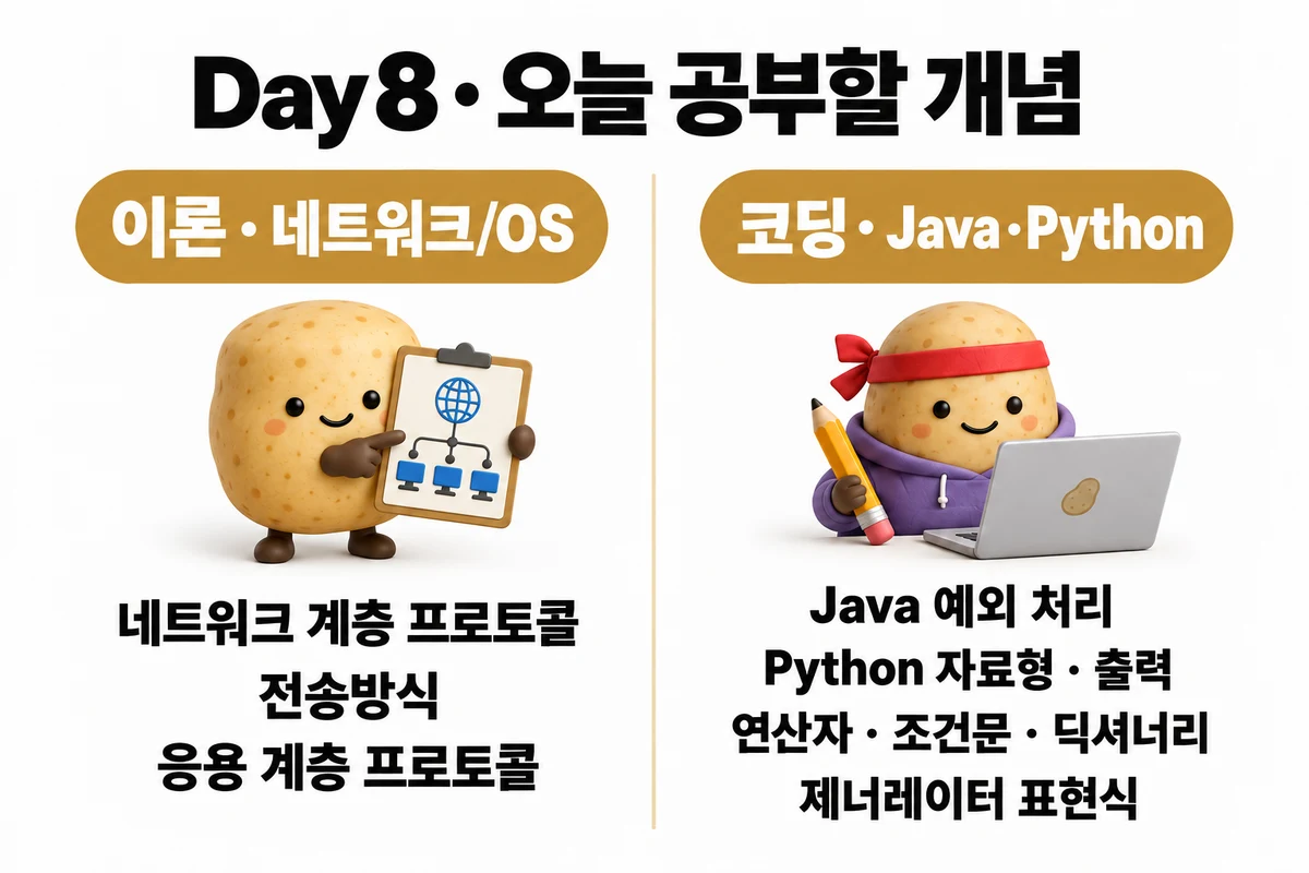 Day 8 학습 요약: 이론 · 네트워크/OS — 네트워크 계층 프로토콜 · 전송방식 · 응용 계층 프로토콜 / 코딩 · Java·Python — Java 예외 처리 · Python 자료형 · 출력 · 연산자 · 조건문 · 딕셔너리 · 제너레이터 표현식