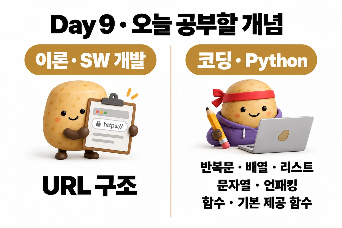 Day 9 학습 요약: 이론 · SW 개발 — URL 구조 / 코딩 · Python — 반복문 · 배열 · 리스트 · 문자열 · 언패킹 · 함수 · 기본 제공 함수
