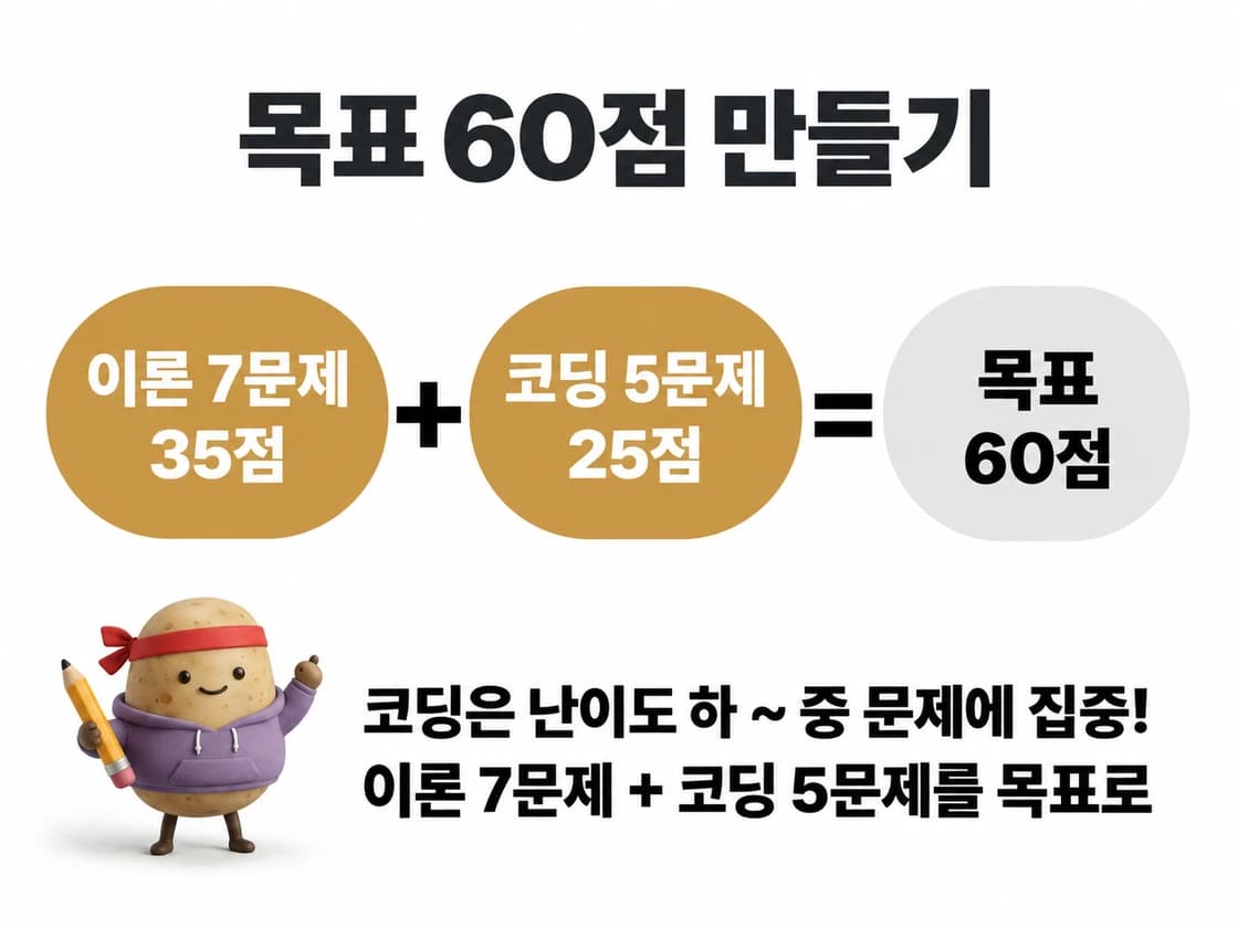 이론 7문제 35점과 코딩 5문제 25점을 합쳐 목표 60점을 만드는 구성