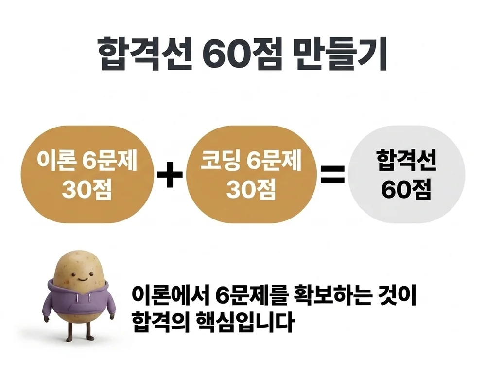 이론 6문제와 코딩 6문제를 합쳐 합격선 60점을 만드는 구성