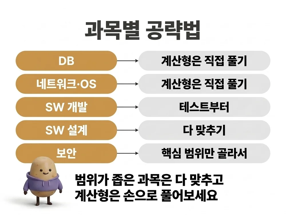 이론 다섯 과목의 공략법 - DB와 네트워크·OS는 계산형 직접 풀기, SW 개발은 테스트, SW 설계는 다 맞추기, 보안은 핵심 범위만
