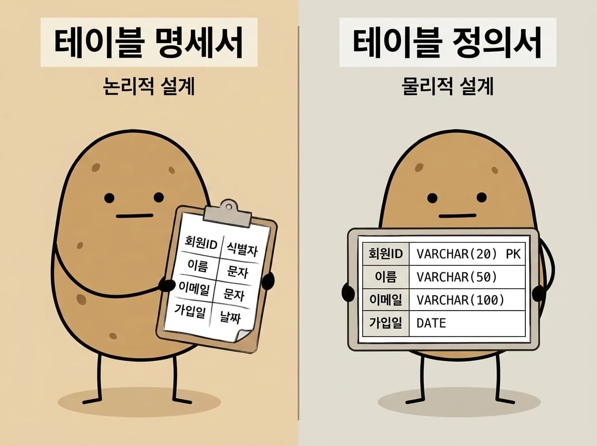 회원 테이블로 비교한 테이블 명세서와 테이블 정의서