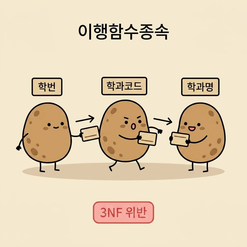 학번이 학과코드를 거쳐 학과명을 결정하는 이행 함수 종속