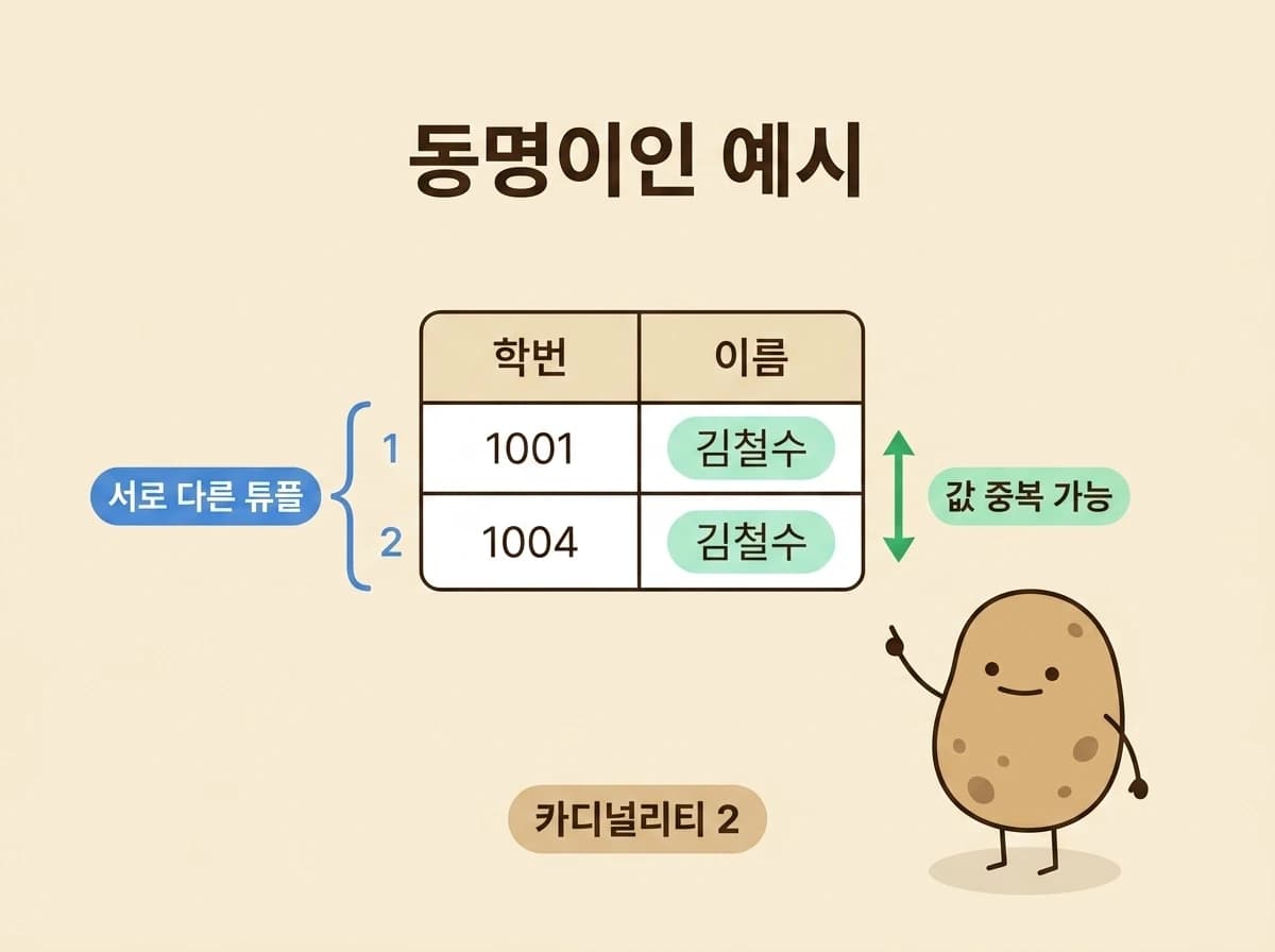 이름 값은 중복되지만 학번이 달라 서로 다른 두 튜플