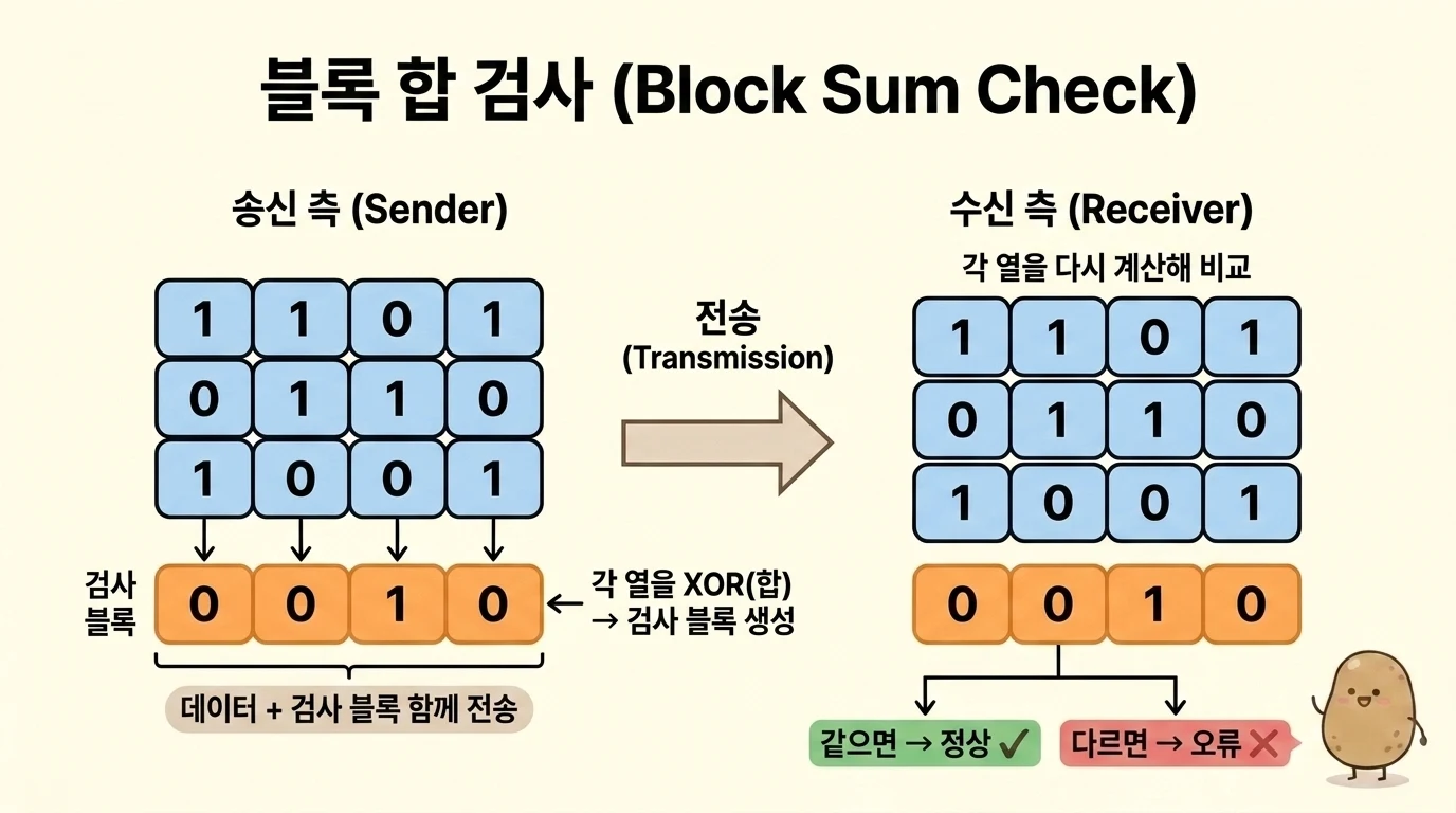 블록 합 검사에서 데이터 블록의 각 열을 XOR해 검사 블록을 만들고 수신측이 다시 계산해 비교하는 과정