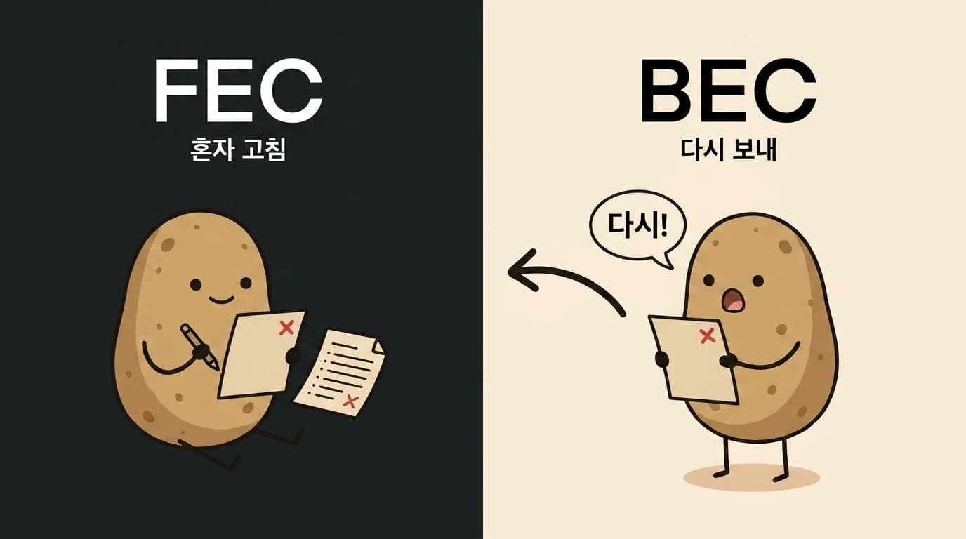 FEC와 BEC 오류 수정 방식 대비 그림