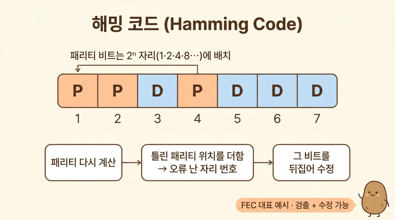 해밍 코드에서 2의 거듭제곱 위치에 배치된 패리티 비트와 오류 위치 검출·수정 과정