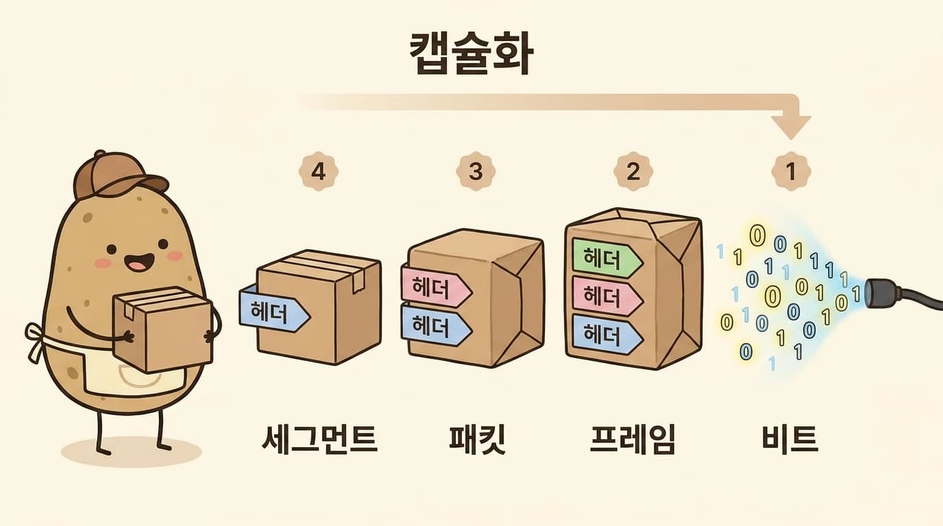 계층을 내려갈 때마다 헤더가 붙어 데이터가 겹겹이 포장되고 PDU 이름이 바뀌는 캡슐화 과정