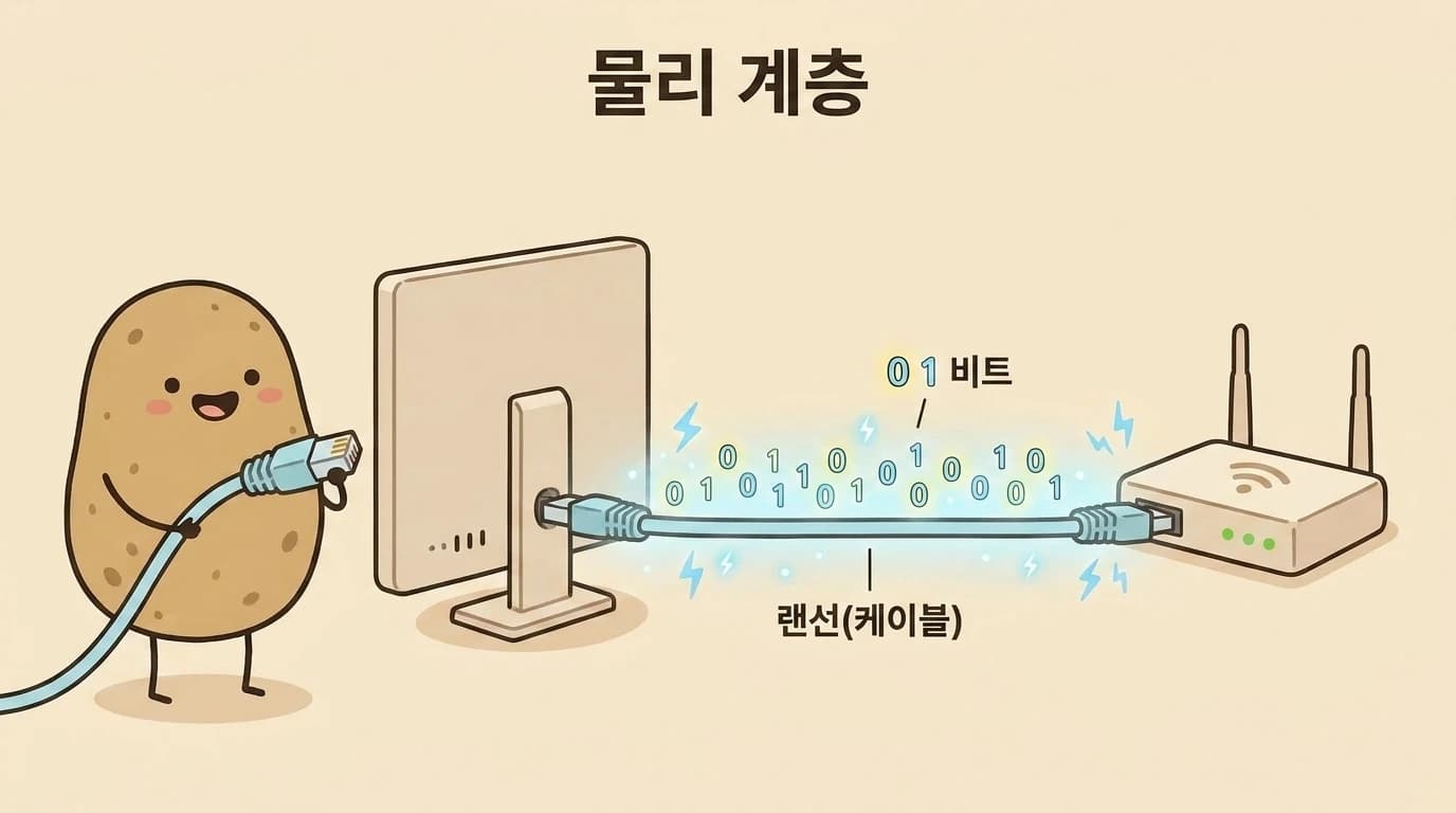 감자가 랜선으로 PC와 공유기를 연결하고 케이블로 0과 1 비트를 전송하는 그림