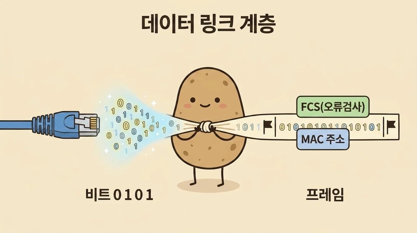 랜선으로 들어온 0과 1 비트를 데이터 링크 계층이 MAC 주소가 붙은 프레임으로 묶는 그림