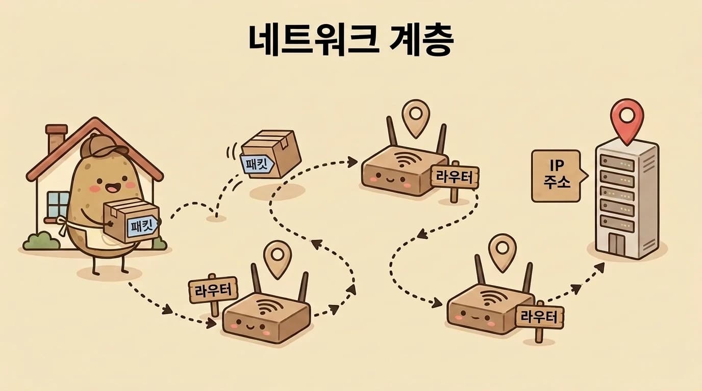 감자 배달부가 라우터를 거쳐 목적지 서버로 패킷을 배달하는 지도