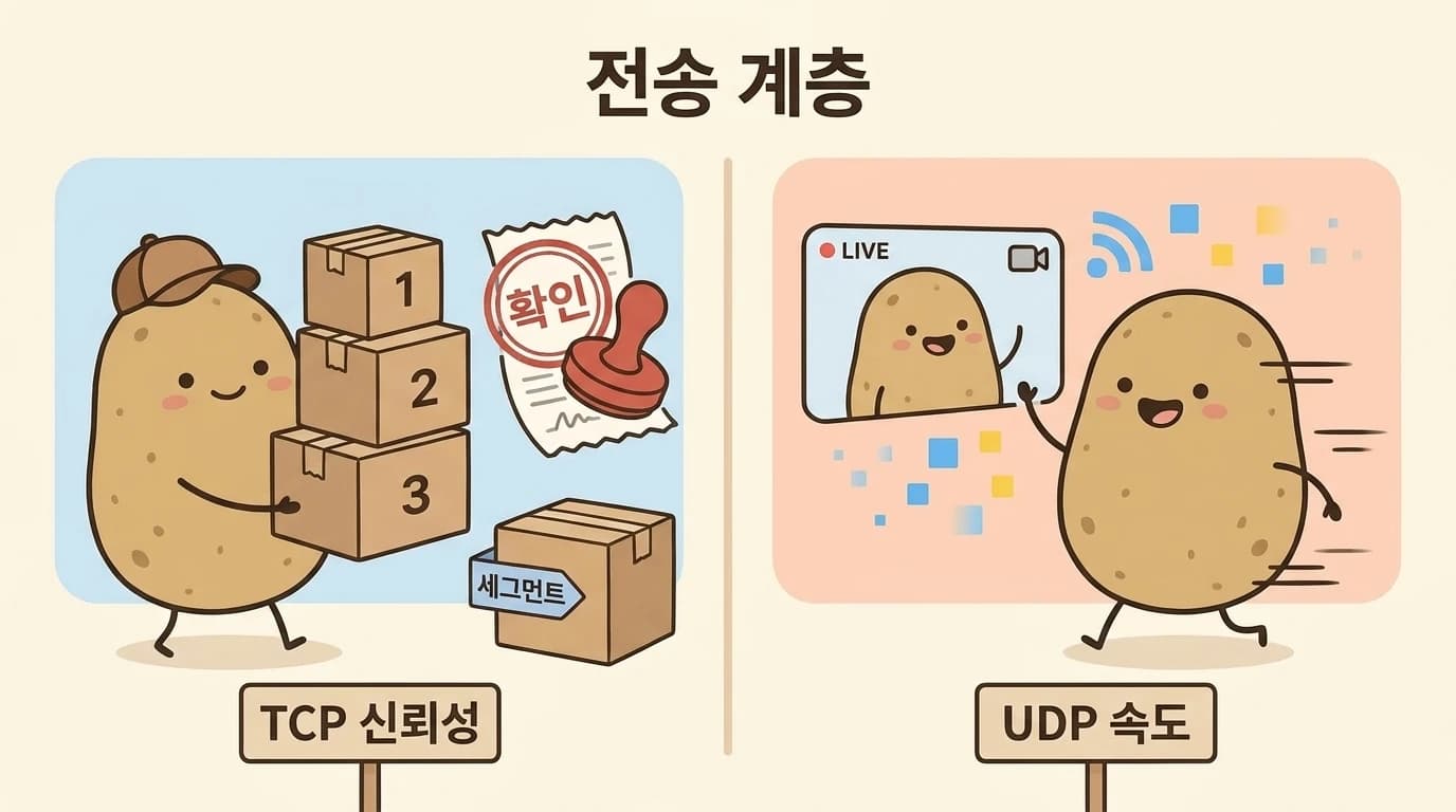 TCP 등기택배와 UDP 영상통화로 비교한 전송 계층 그림