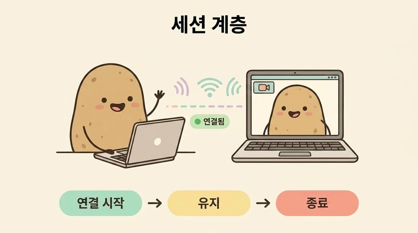 화상통화로 연결된 두 감자와 연결 시작·유지·종료 흐름 그림
