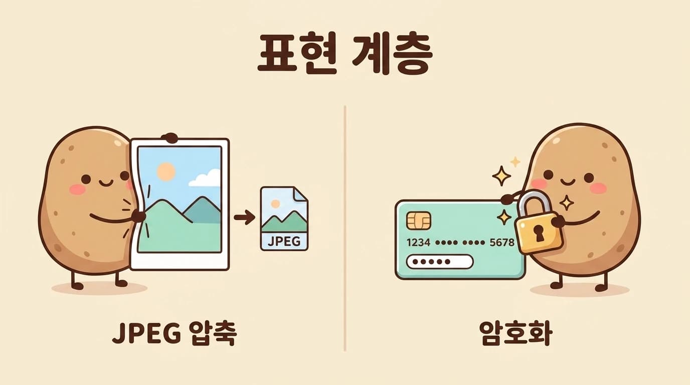 사진을 JPEG로 압축하고 카드 정보를 자물쇠로 암호화하는 감자 그림