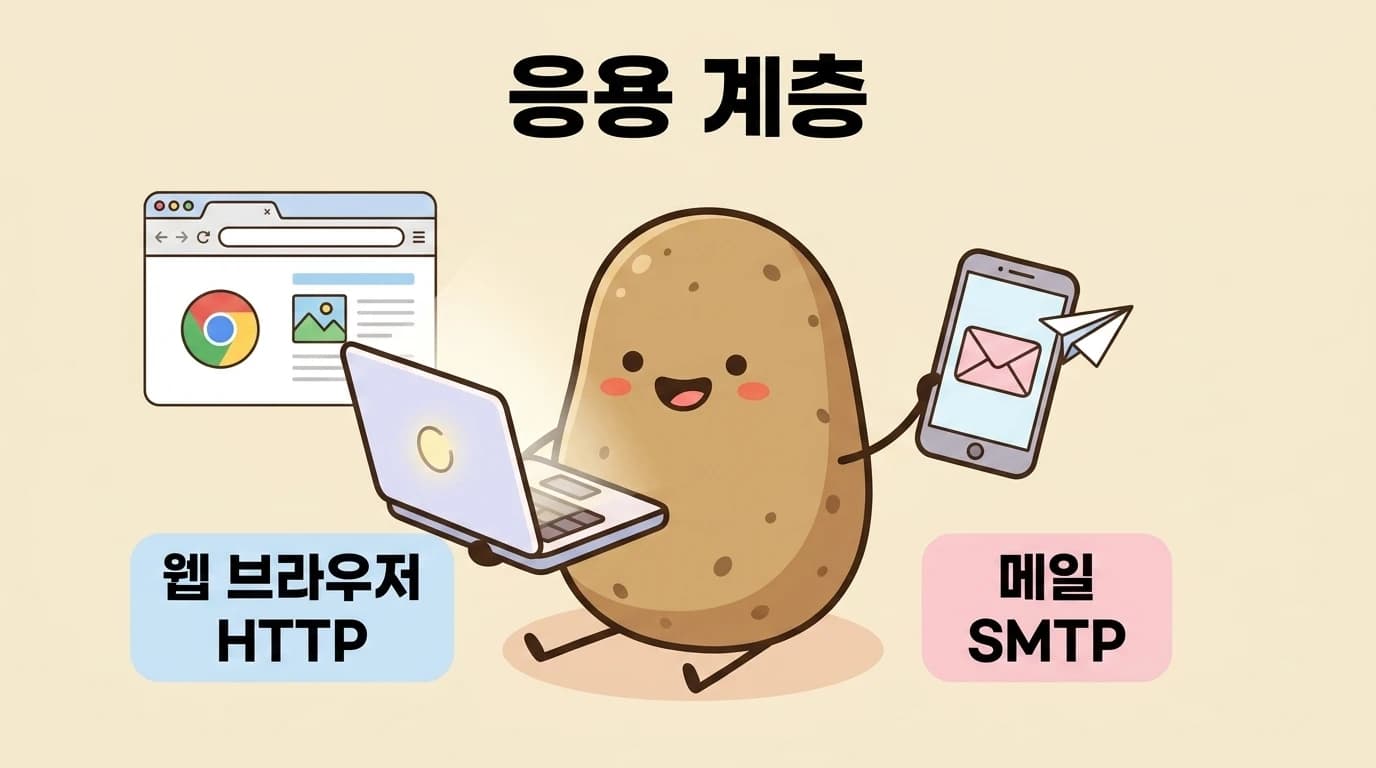 노트북과 스마트폰으로 웹과 메일을 쓰는 감자 그림