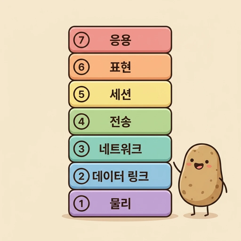 OSI 7계층을 7가지 색 블록으로 쌓은 스택 다이어그램