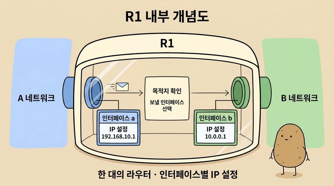 한 대의 R1 내부에서 인터페이스 a와 b의 IP를 각각 설정하고, 받은 패킷의 목적지를 확인해 내보낼 인터페이스를 선택하는 개념도