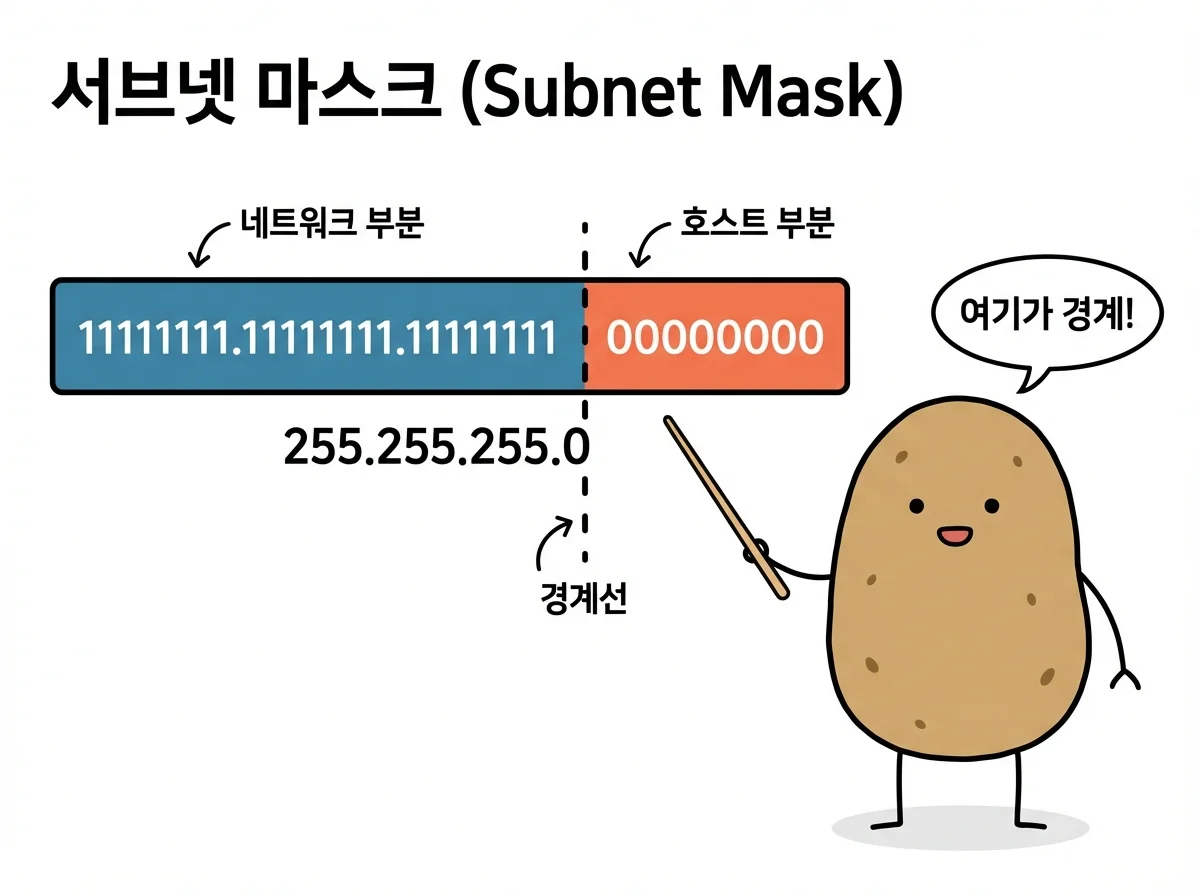 서브넷 마스크의 네트워크 부분과 호스트 부분 경계를 설명하는 감자
