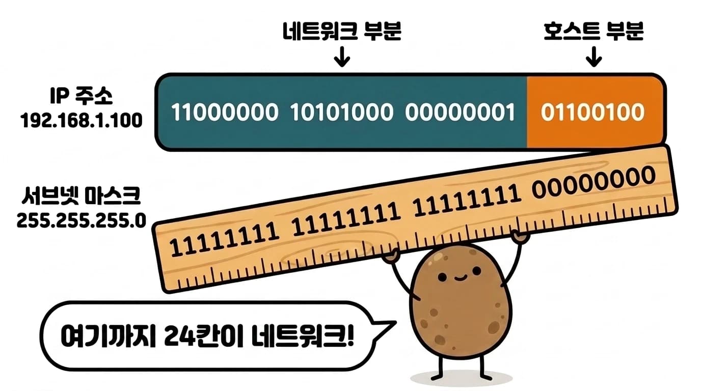 감자가 나무 자 모양의 서브넷 마스크를 IP 주소 막대에 대보며 눈금을 읽는 모습