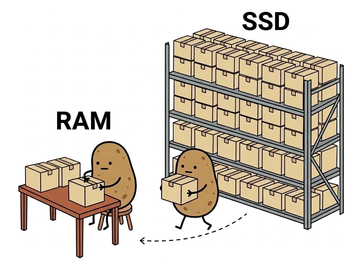 좁은 RAM 책상에는 상자 3개만 있고, 상자가 가득한 SSD 창고 선반에서 감자가 상자 하나를 책상으로 나르는 그림