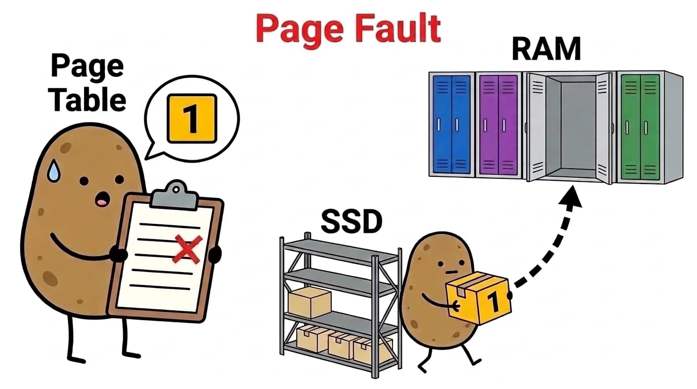 페이지 테이블 감자가 1번 페이지 줄의 X 표시를 보고 당황하고, 다른 감자가 SSD 선반에서 노란 1번 상자를 꺼내 RAM 사물함의 빈 칸으로 옮기는 그림